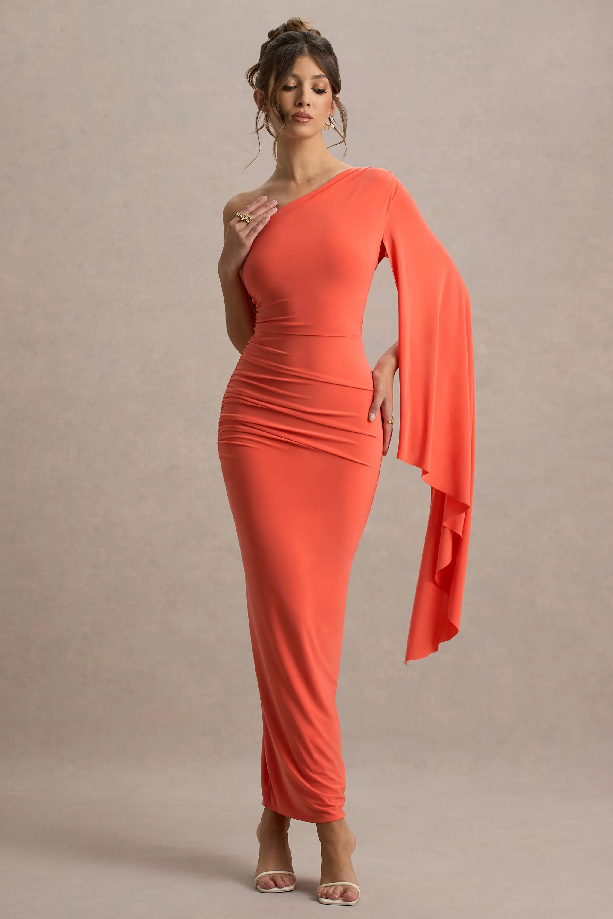 Clementina | Orange Asymmetric Cape Sleeve Maxi Dress Club L London