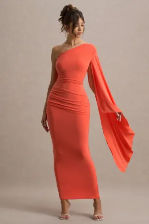 Clementina | Orange Asymmetric Cape Sleeve Maxi Dress Club L London