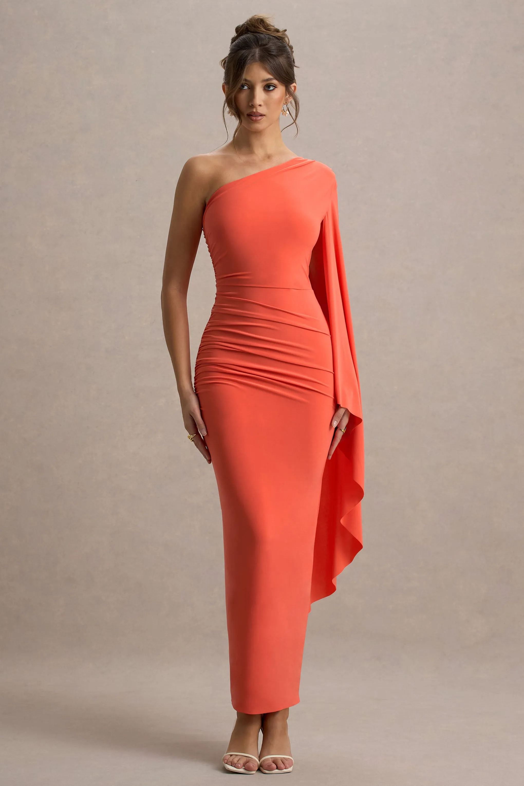 Clementina | Orange Asymmetric Cape Sleeve Maxi Dress Club L London