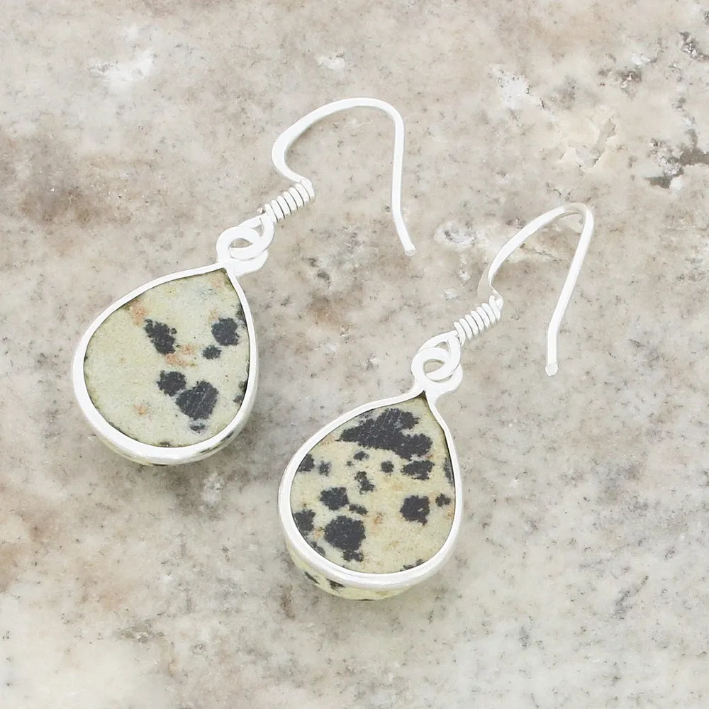 Dalmatian Jasper Sterling Silver Pear Shape Drop Earrings