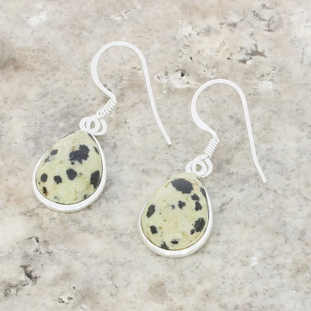 Dalmatian Jasper Sterling Silver Pear Shape Drop Earrings