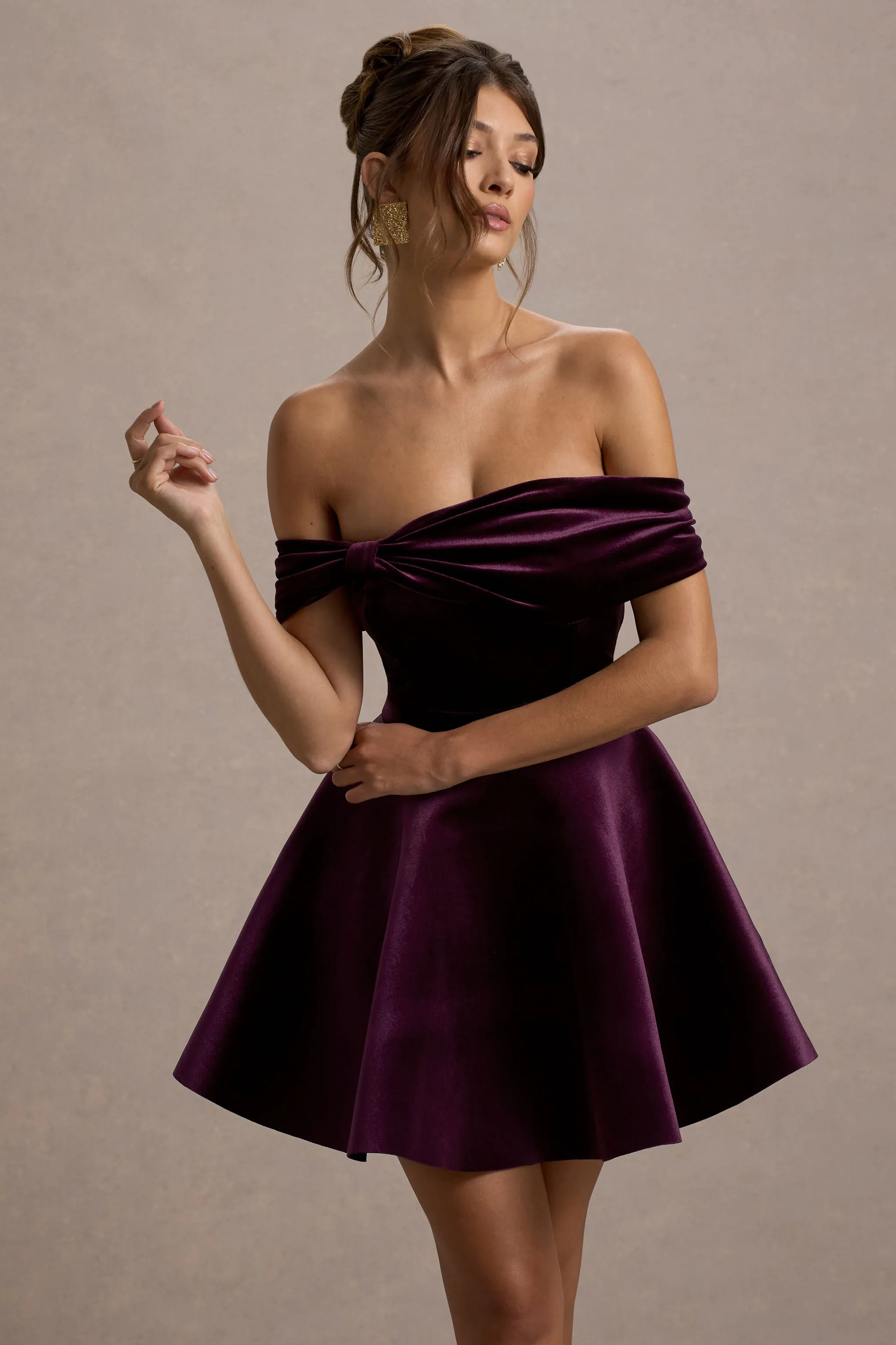 Dede | Port Velvet Bow Bardot Skater Mini Dress Club L London