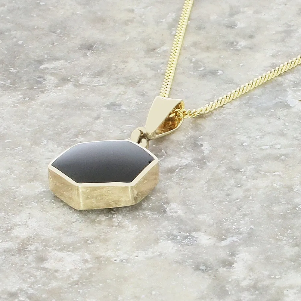 Derbyshire Blue John and Jet 9ct Yellow Gold Hexagonal Reversible Pendant Necklace