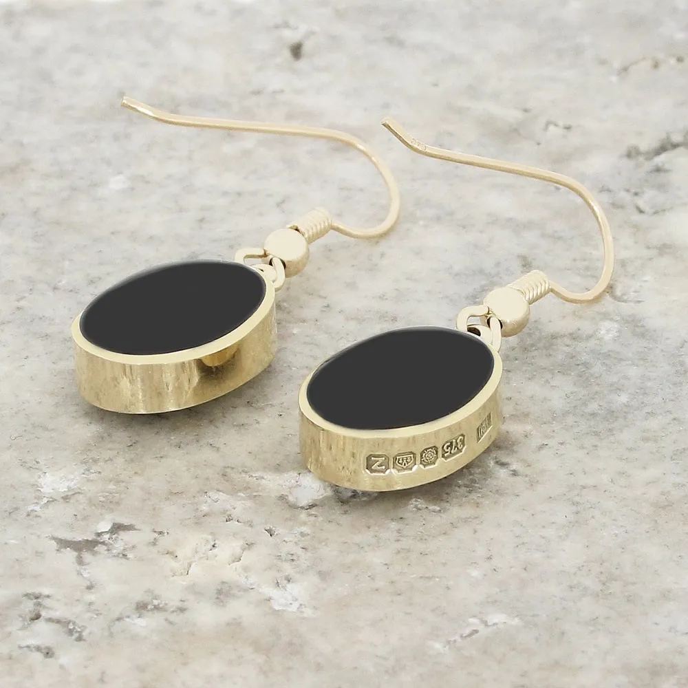 Derbyshire Blue John and Jet 9ct Yellow Gold Oval Reversible Drop Earrings