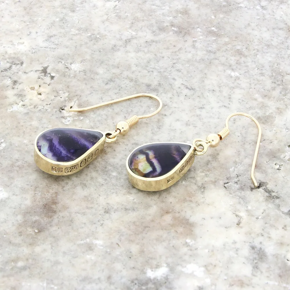 Derbyshire Blue John and Jet 9ct Yellow Gold Pear Reversible Drop Earrings