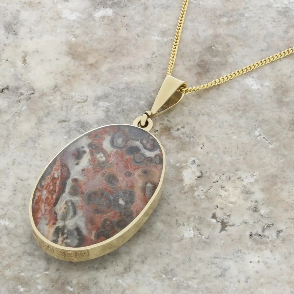 Derbyshire Blue John and Snakeskin Agate 9ct Yellow Gold Oval Pendant Necklace