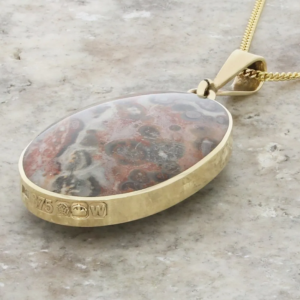 Derbyshire Blue John and Snakeskin Agate 9ct Yellow Gold Oval Pendant Necklace