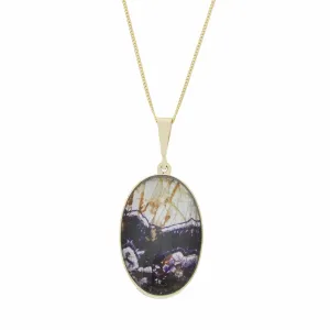 Derbyshire Blue John and Snakeskin Agate 9ct Yellow Gold Oval Pendant Necklace