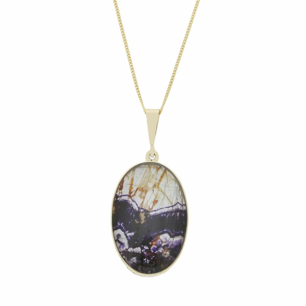Derbyshire Blue John and Snakeskin Agate 9ct Yellow Gold Oval Pendant Necklace