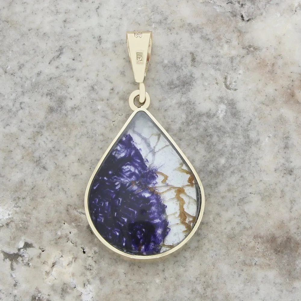 Derbyshire Blue John and Whitby Jet 9ct Yellow Gold Pear Shape Pendant Necklace