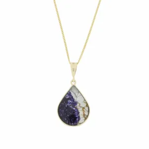 Derbyshire Blue John and Whitby Jet 9ct Yellow Gold Pear Shape Pendant Necklace