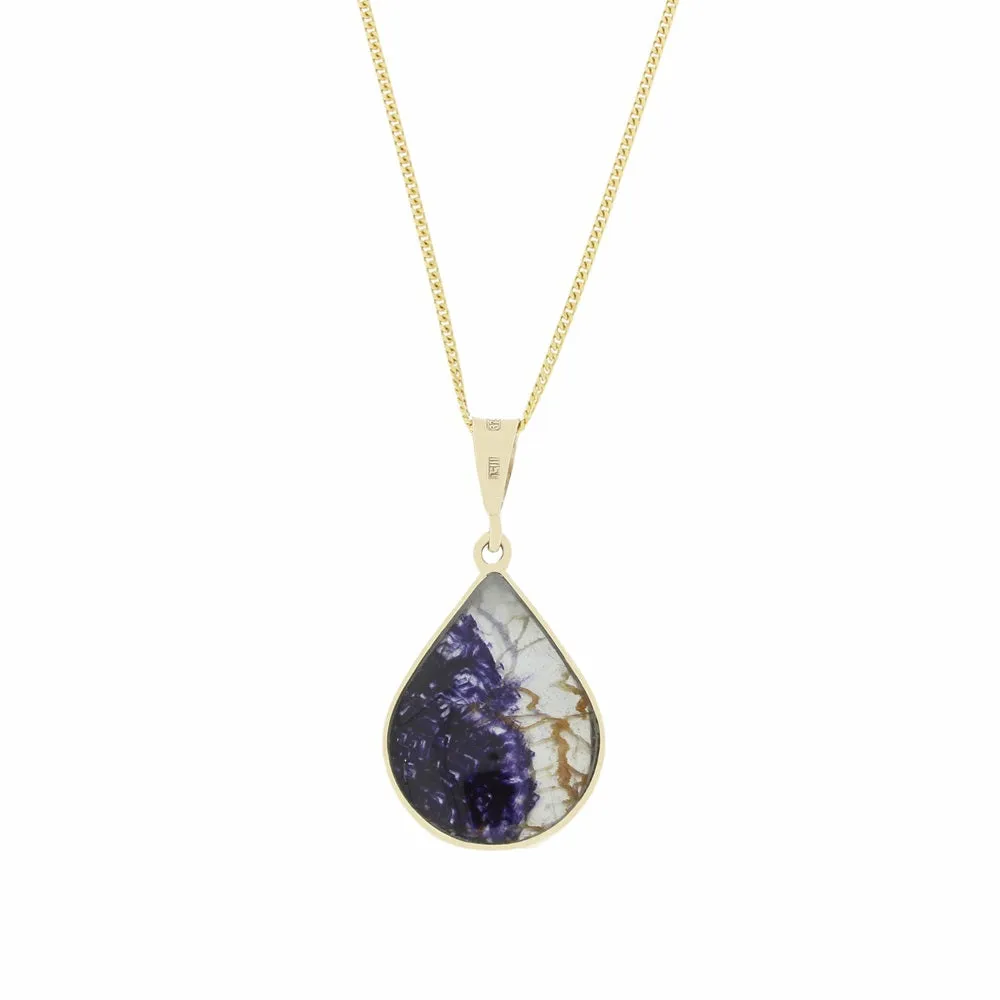 Derbyshire Blue John and Whitby Jet 9ct Yellow Gold Pear Shape Pendant Necklace