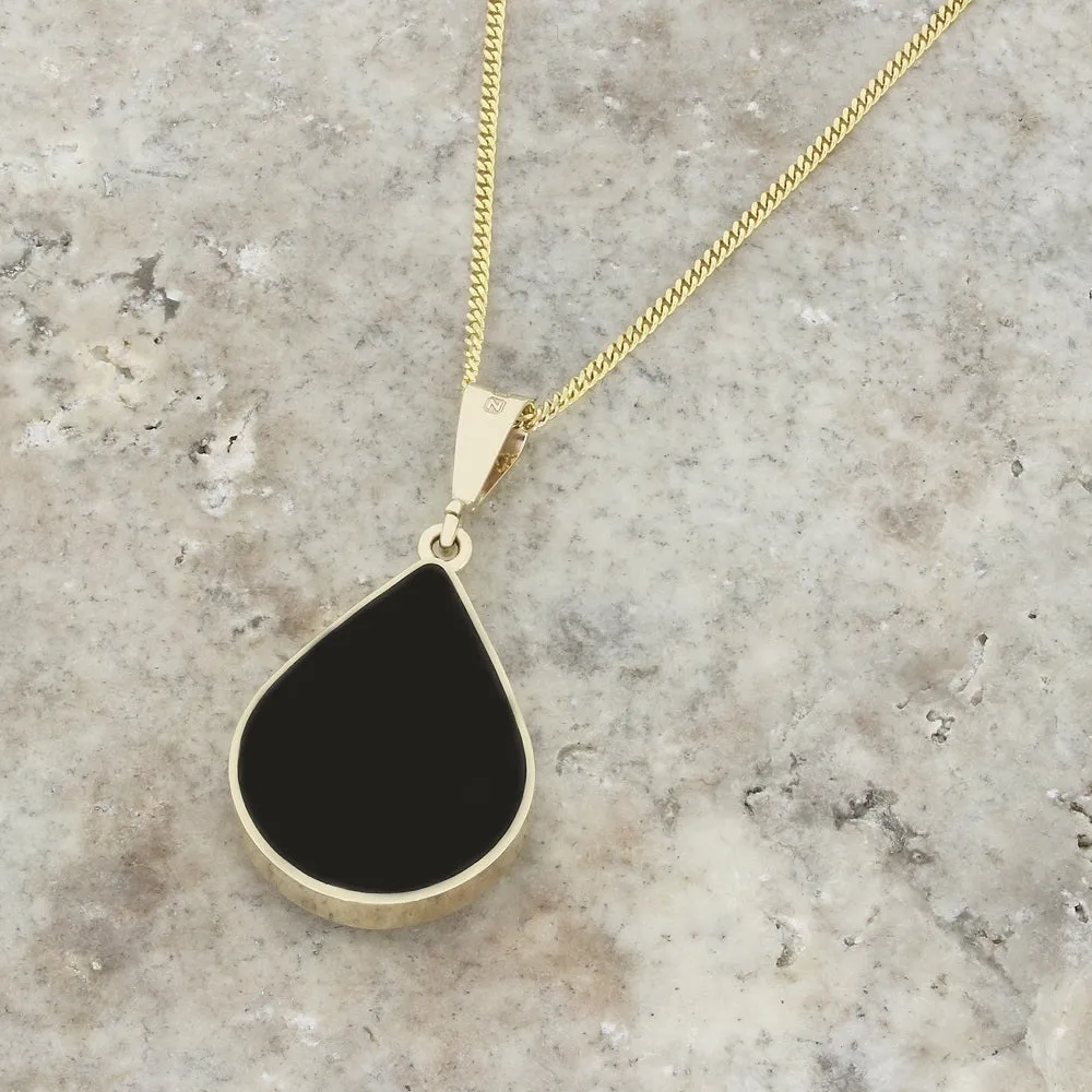 Derbyshire Blue John and Whitby Jet 9ct Yellow Gold Pear Shape Pendant Necklace