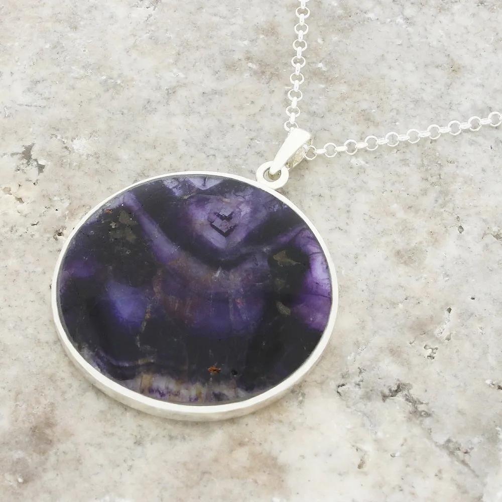 Derbyshire Blue John Silver Tree of Life Large Round Pendant and Chain