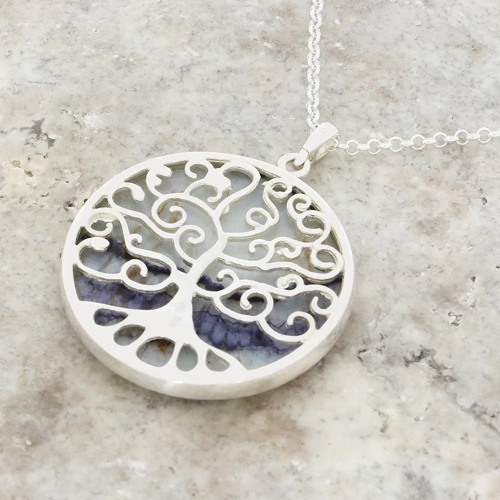 Derbyshire Blue John Silver Tree of Life Large Round Pendant and Chain