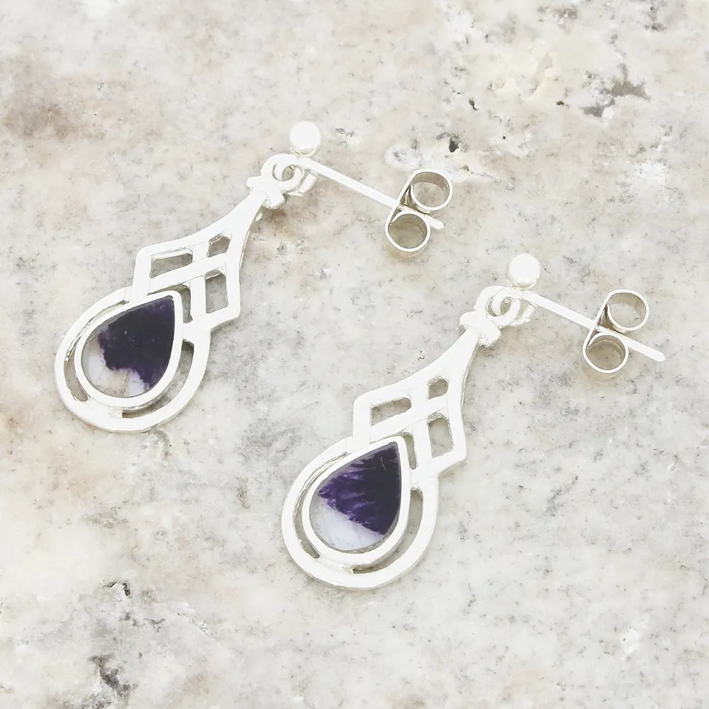 Derbyshire Blue John Sterling Silver Pear Shape Celtic Drop Earrings
