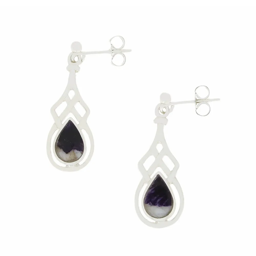 Derbyshire Blue John Sterling Silver Pear Shape Celtic Drop Earrings