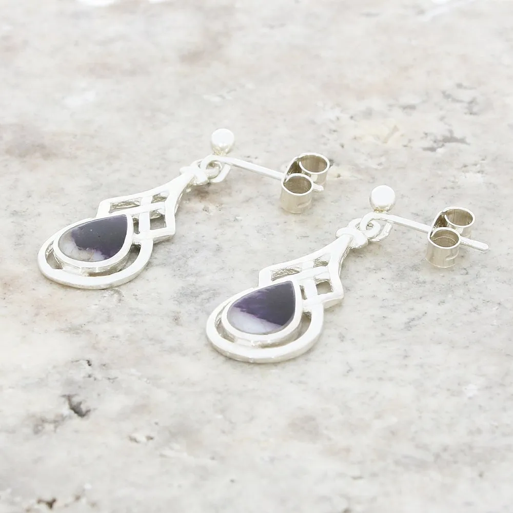 Derbyshire Blue John Sterling Silver Pear Shape Celtic Drop Earrings