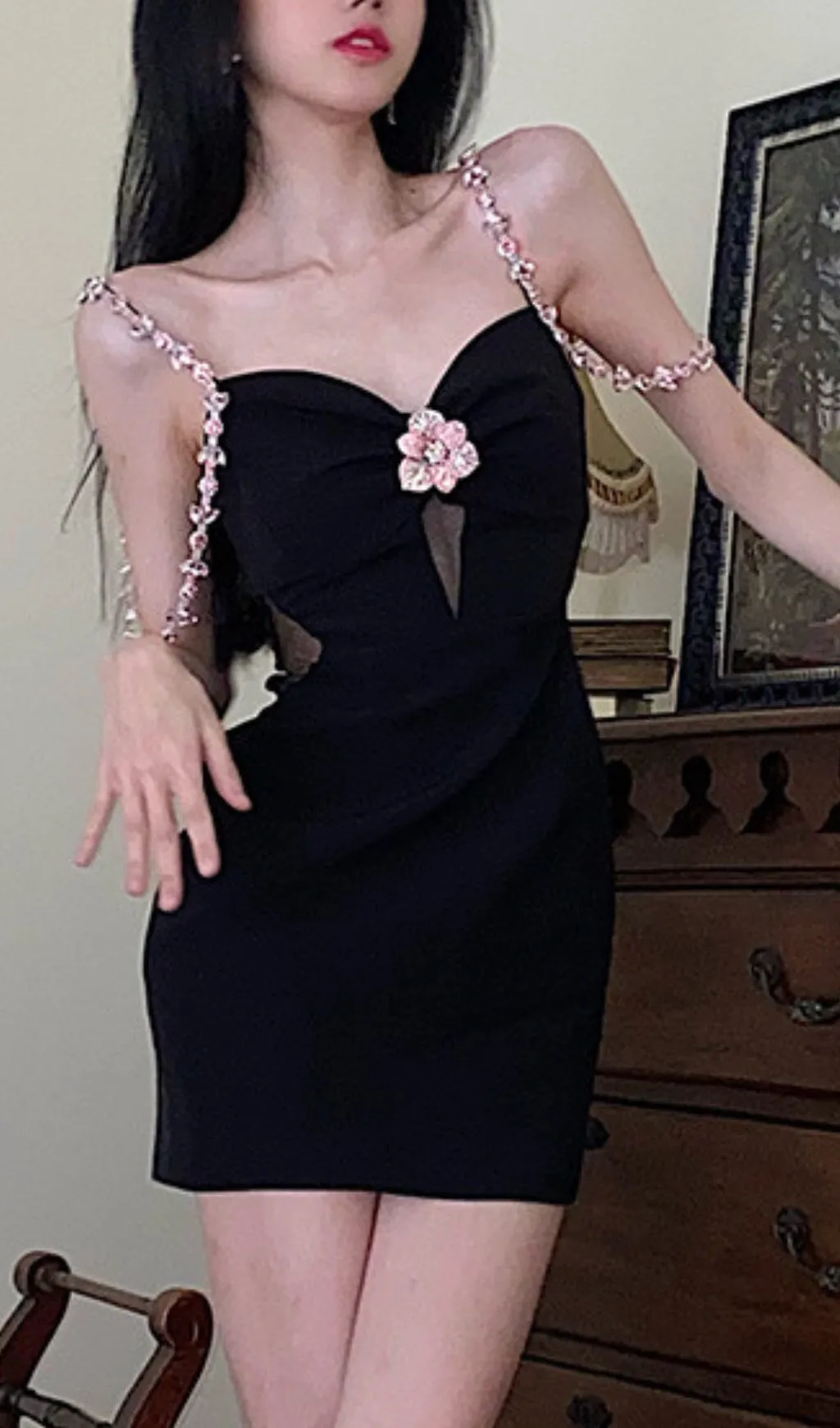 DIAMOND FLOWER SLEEVELESS SUSPENDER MINI DRESS IN BLACK Gloria Lanvin