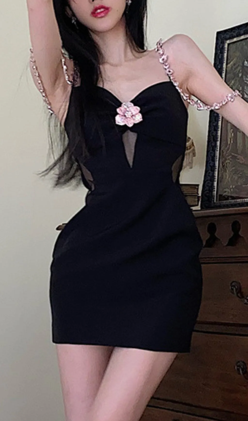 DIAMOND FLOWER SLEEVELESS SUSPENDER MINI DRESS IN BLACK Gloria Lanvin