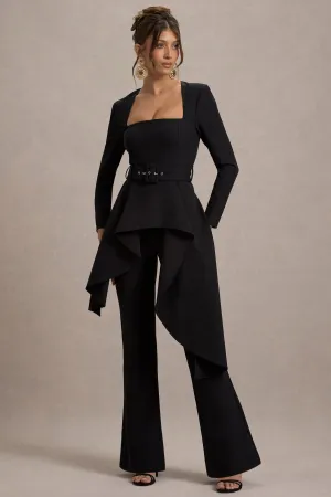 Eminent | Black Square-Neck Flared-Leg Jumpsuit With Draped Waist Club L London