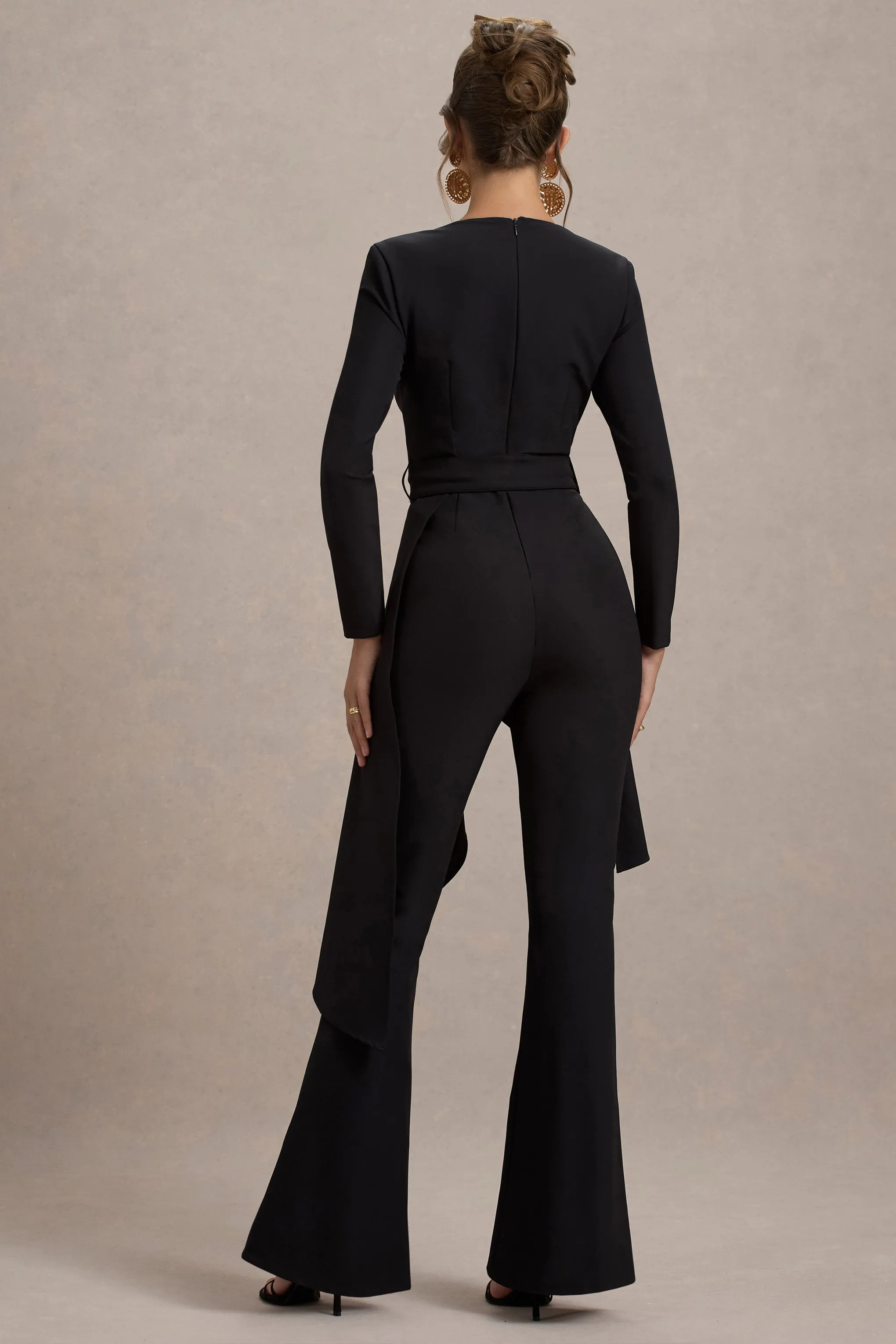 Eminent | Black Square-Neck Flared-Leg Jumpsuit With Draped Waist Club L London