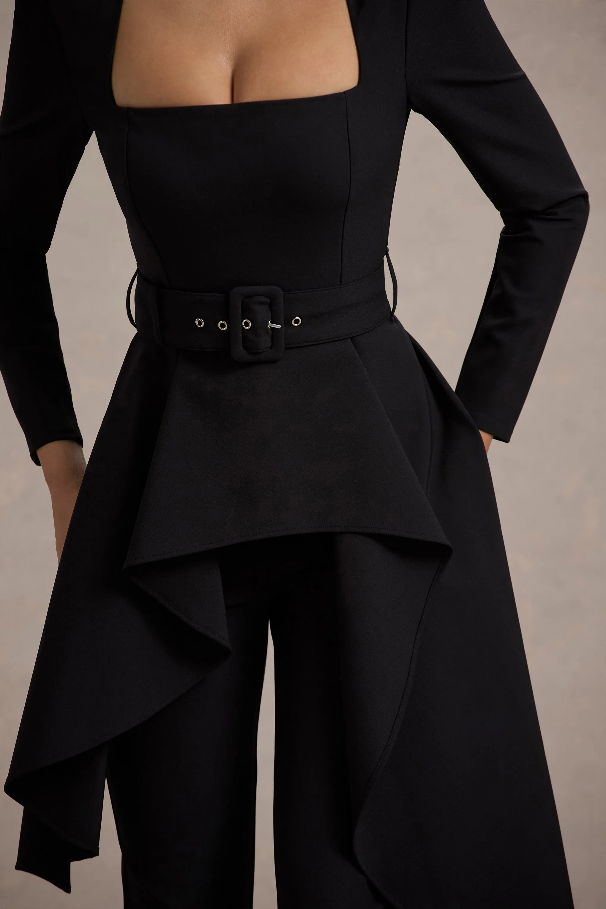 Eminent | Black Square-Neck Flared-Leg Jumpsuit With Draped Waist Club L London