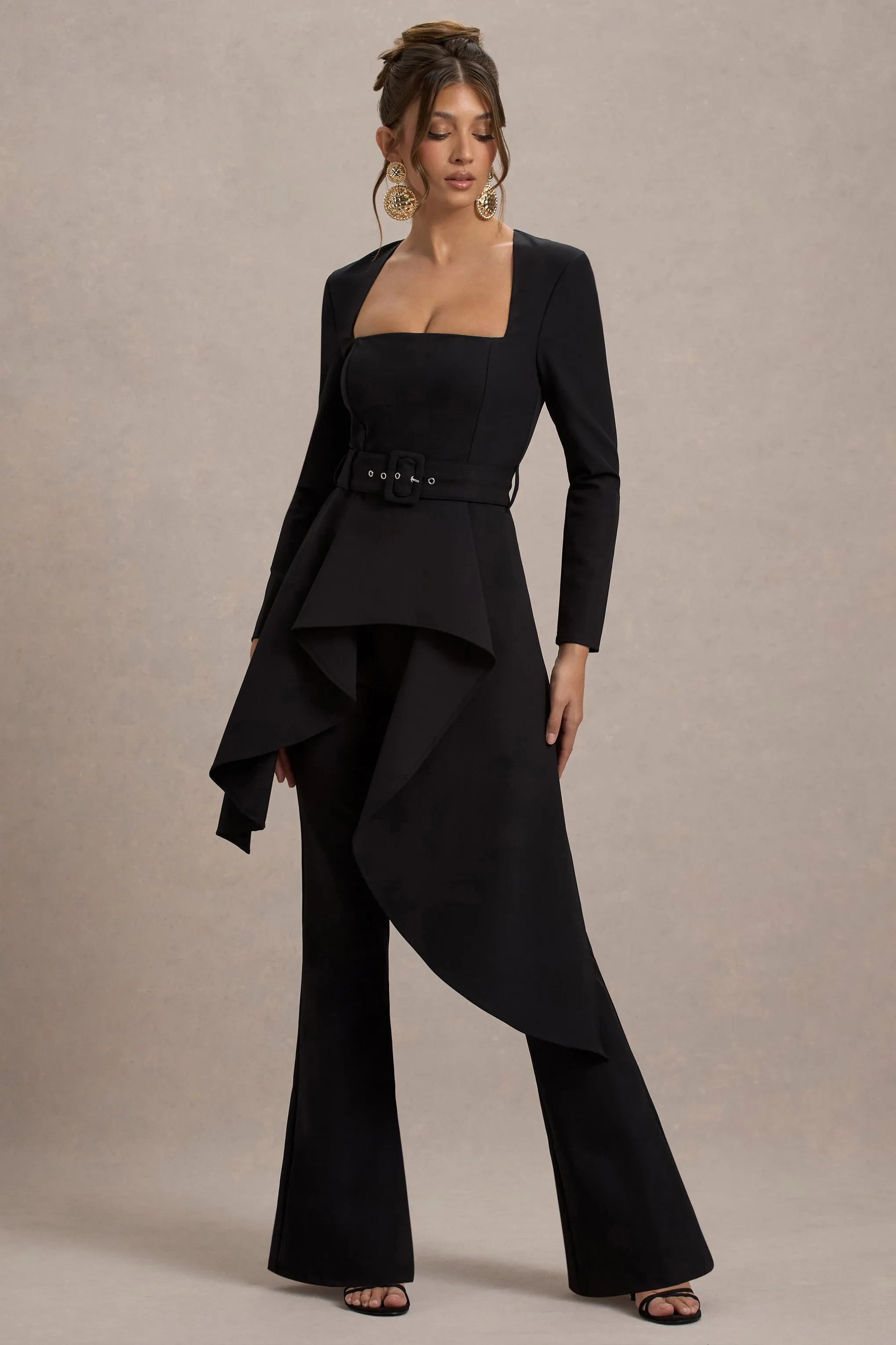Eminent | Black Square-Neck Flared-Leg Jumpsuit With Draped Waist Club L London