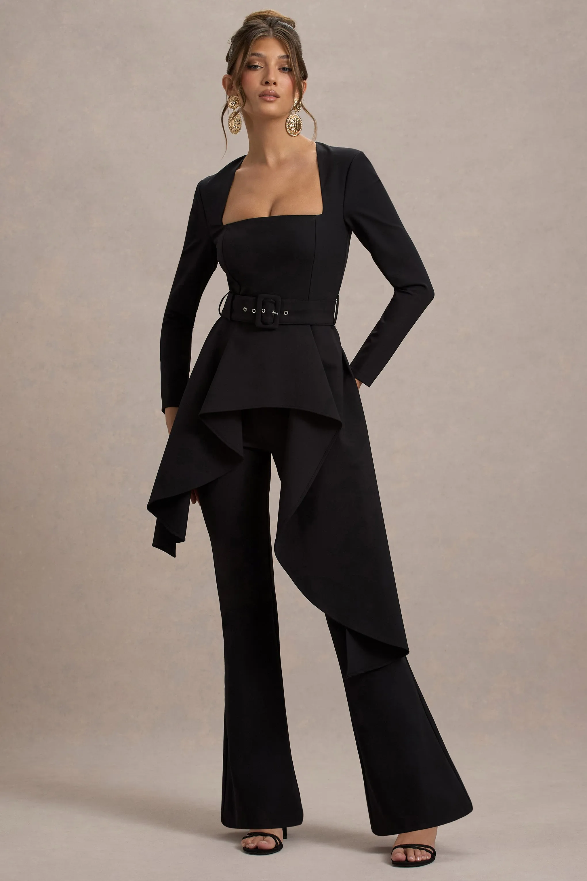 Eminent | Black Square-Neck Flared-Leg Jumpsuit With Draped Waist Club L London
