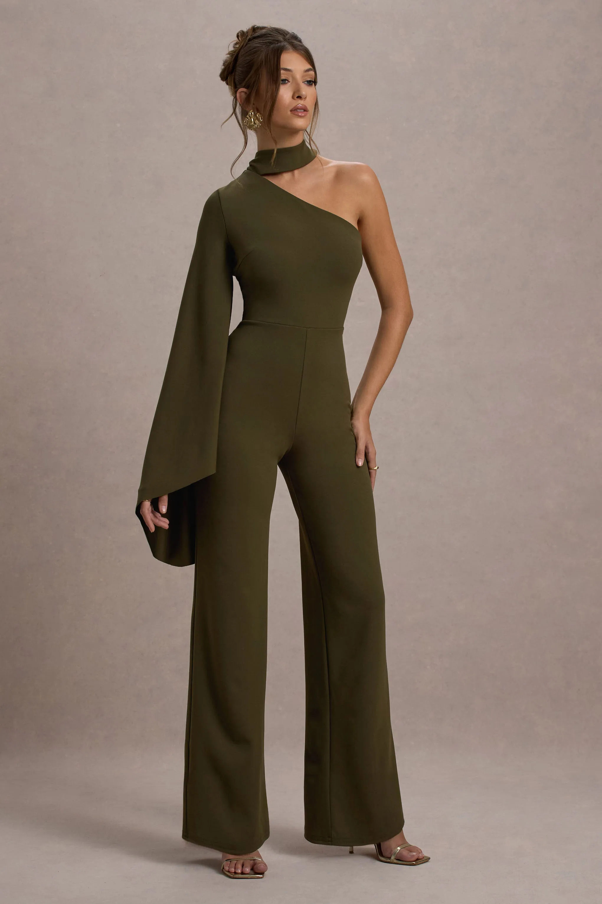 Fenix | Khaki Asymmetric Cape-Sleeve Straight-Leg Jumpsuit Club L London