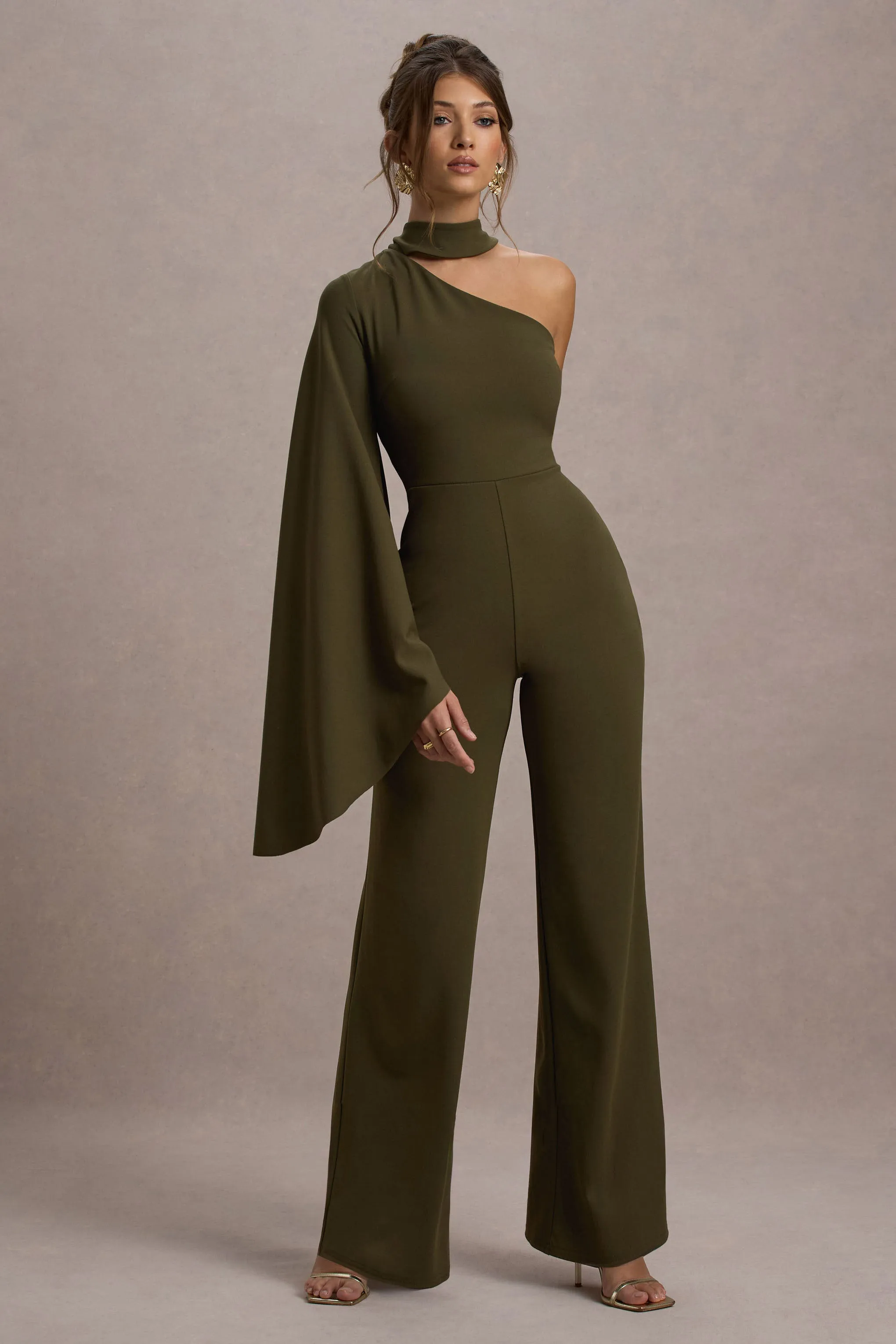 Fenix | Khaki Asymmetric Cape-Sleeve Straight-Leg Jumpsuit Club L London