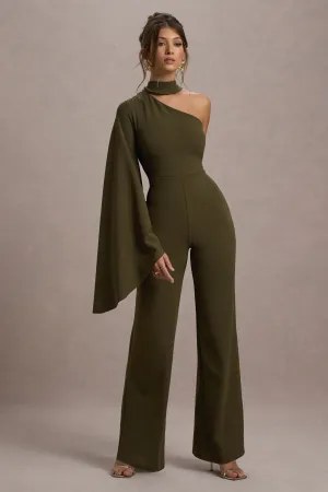 Fenix | Khaki Asymmetric Cape-Sleeve Straight-Leg Jumpsuit Club L London