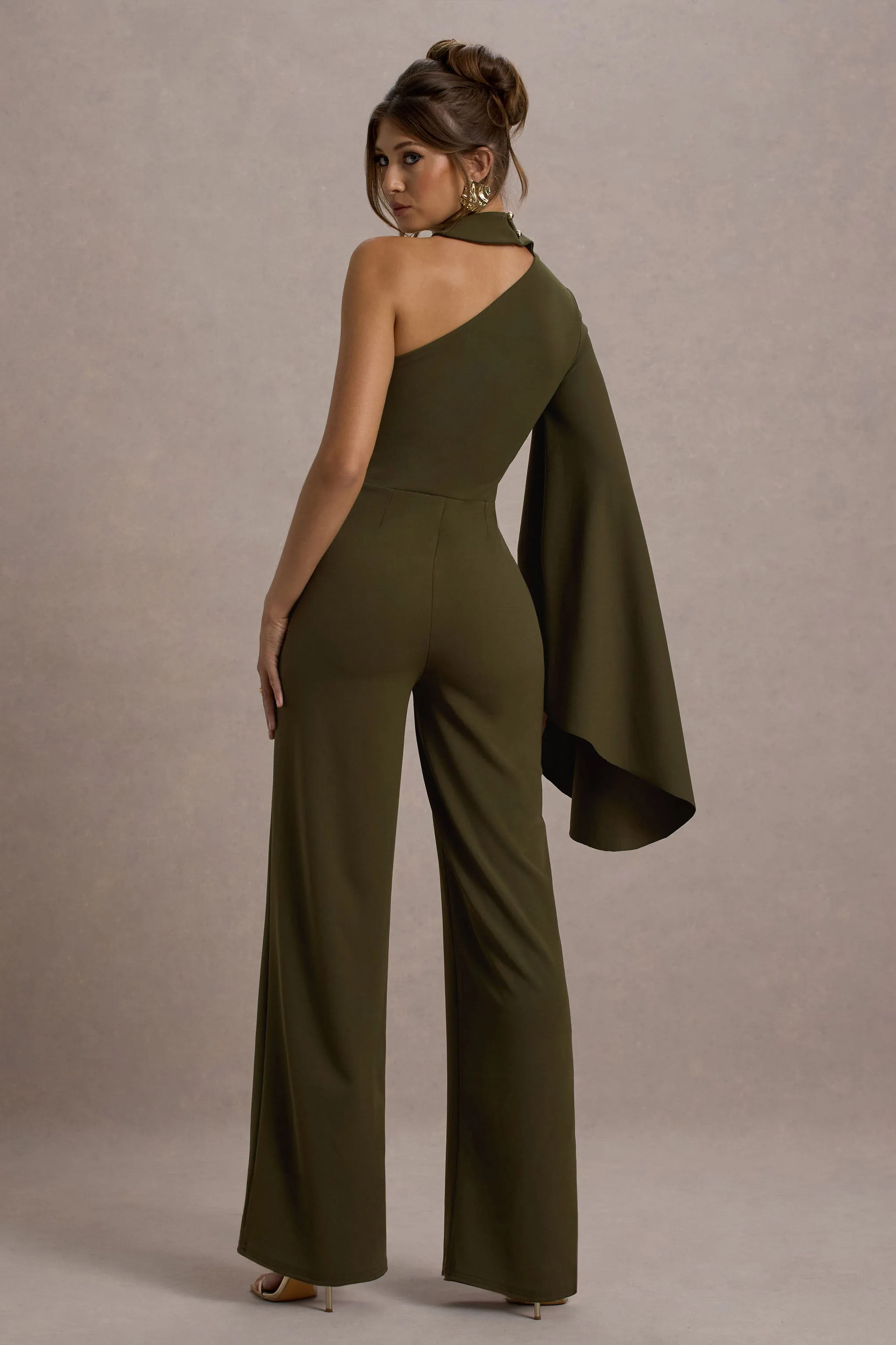 Fenix | Khaki Asymmetric Cape-Sleeve Straight-Leg Jumpsuit Club L London