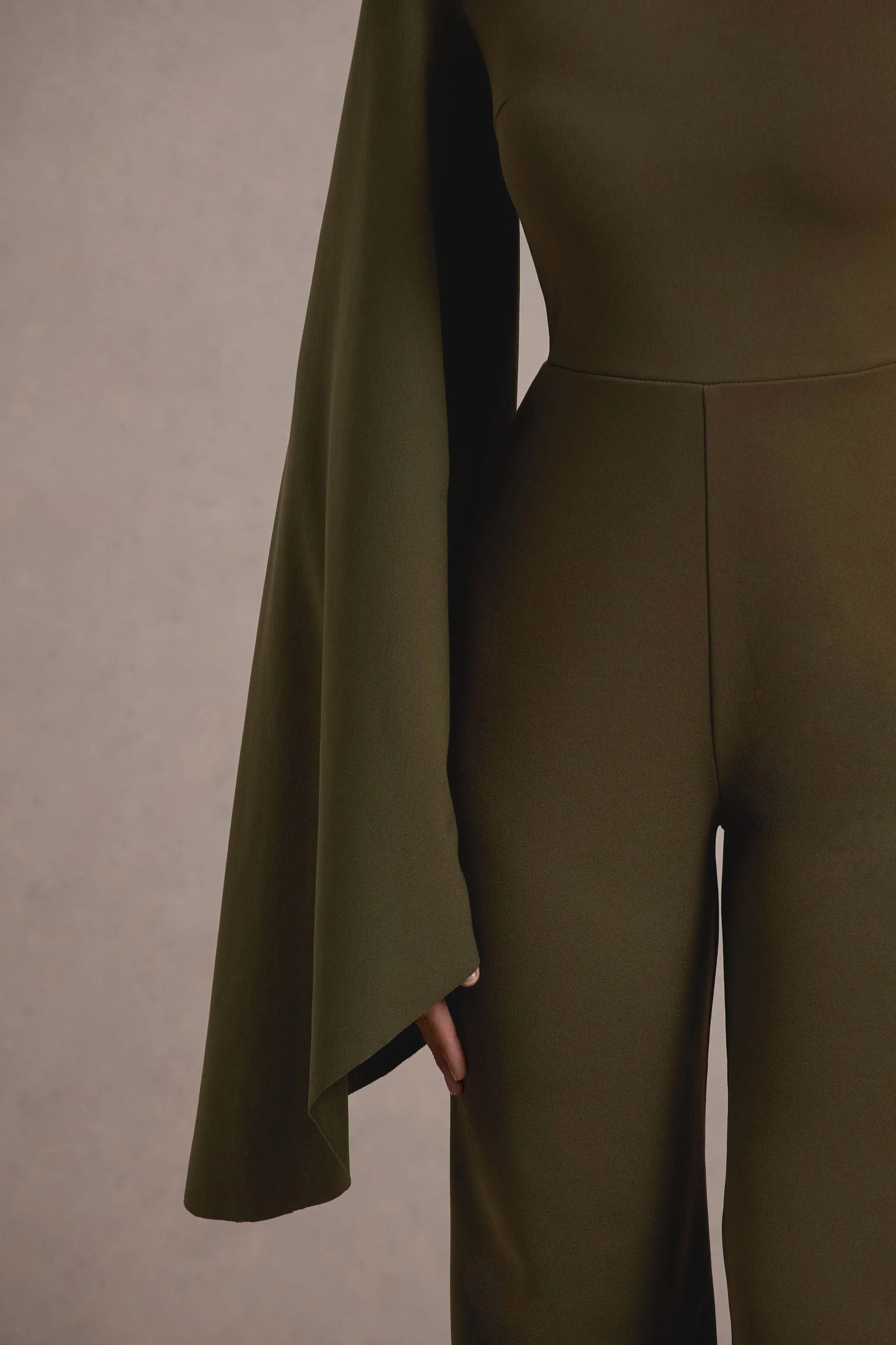 Fenix | Khaki Asymmetric Cape-Sleeve Straight-Leg Jumpsuit Club L London