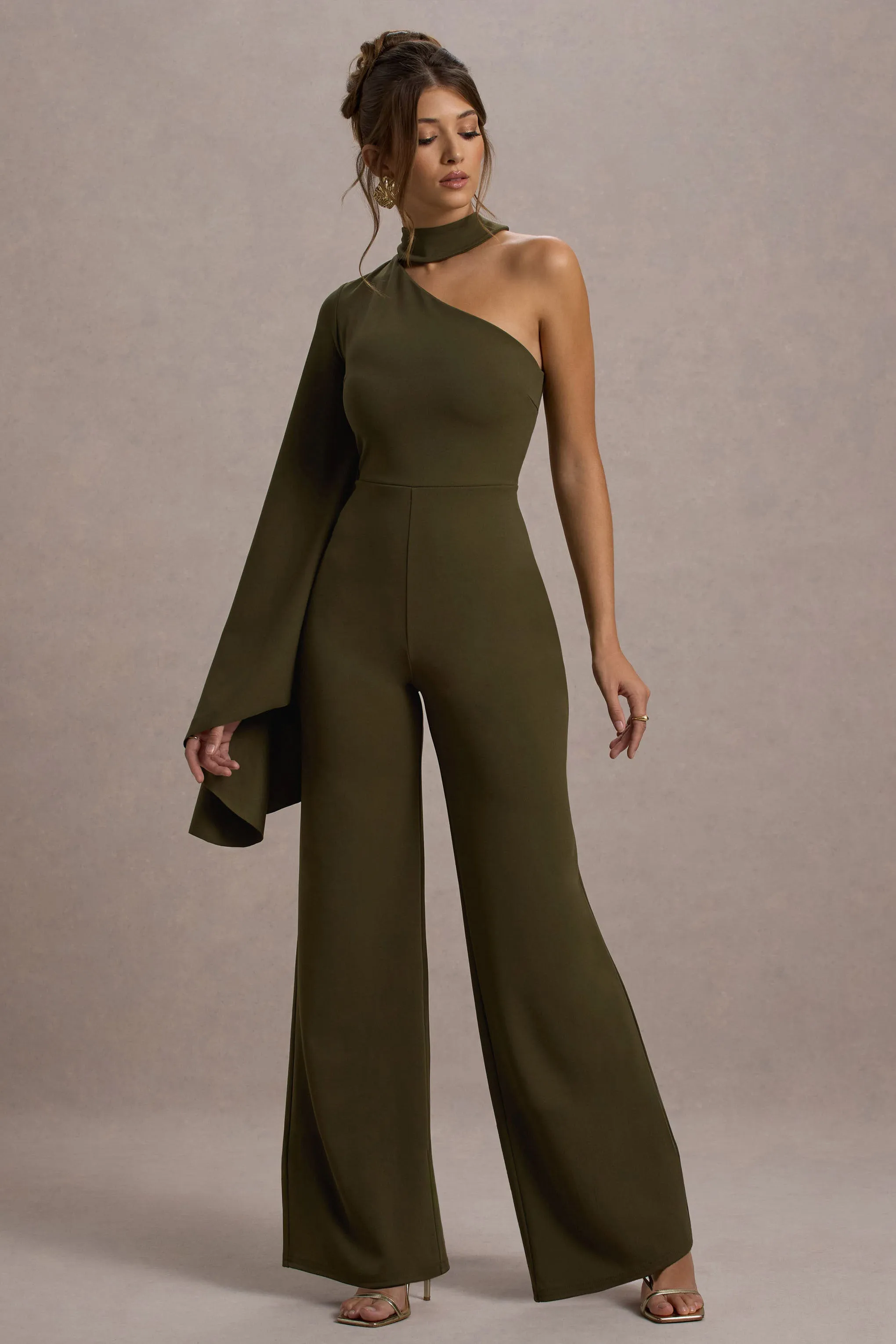 Fenix | Khaki Asymmetric Cape-Sleeve Straight-Leg Jumpsuit Club L London