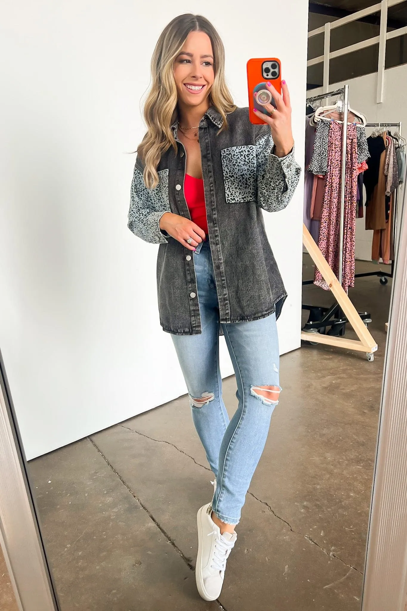 Fierce Flirt Animal Print Contrast Denim Shacket - FINAL SALE