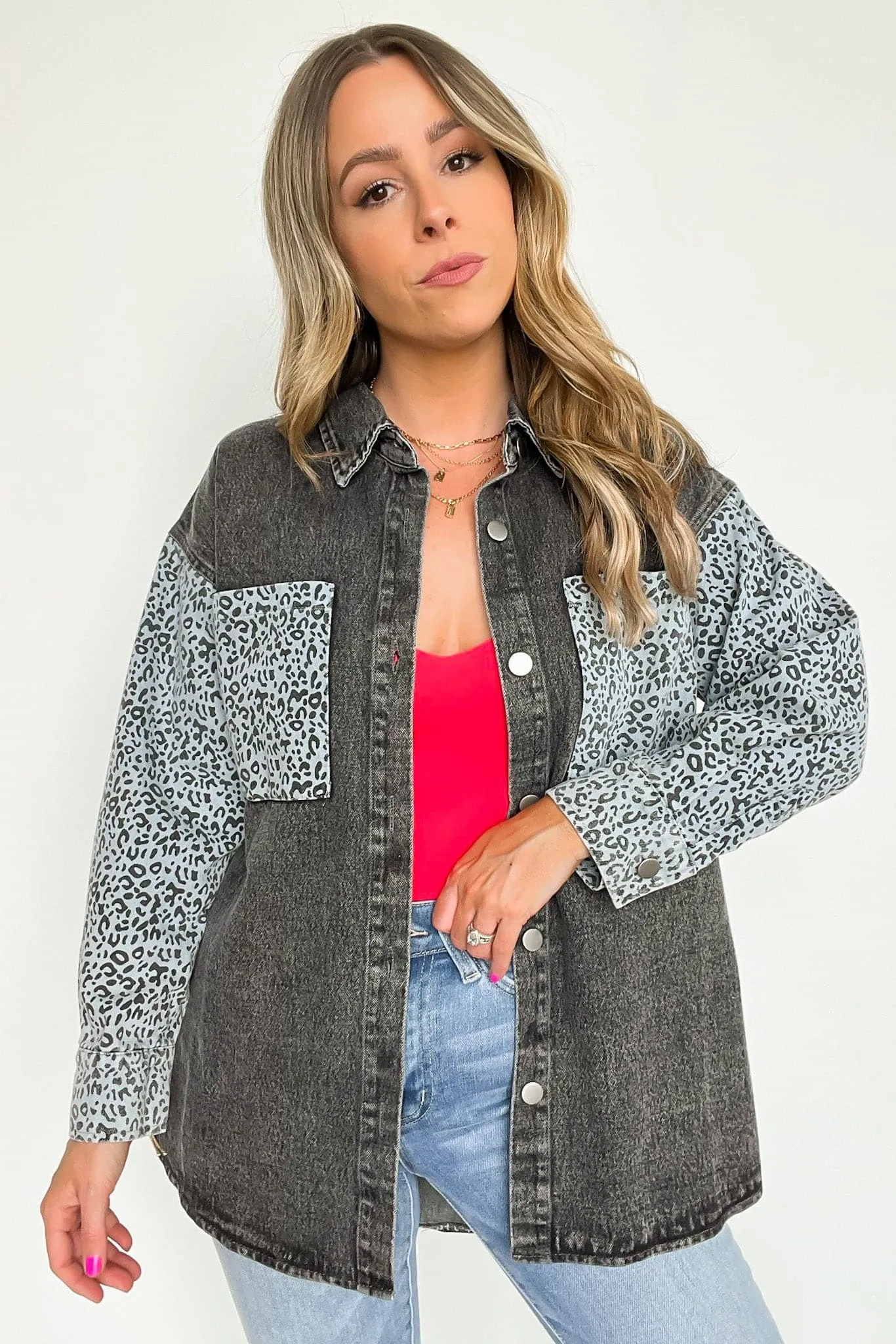 Fierce Flirt Animal Print Contrast Denim Shacket - FINAL SALE