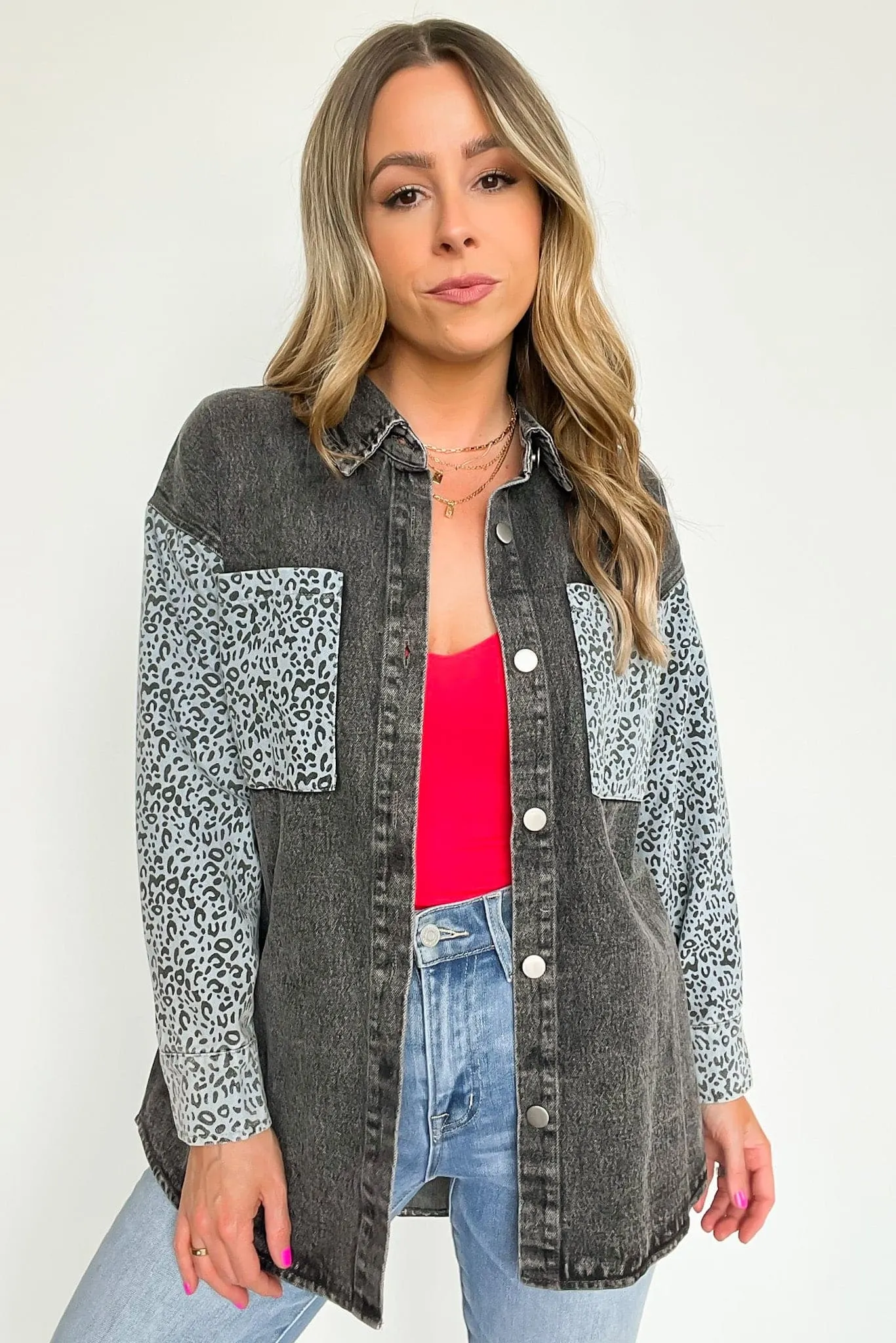 Fierce Flirt Animal Print Contrast Denim Shacket - FINAL SALE