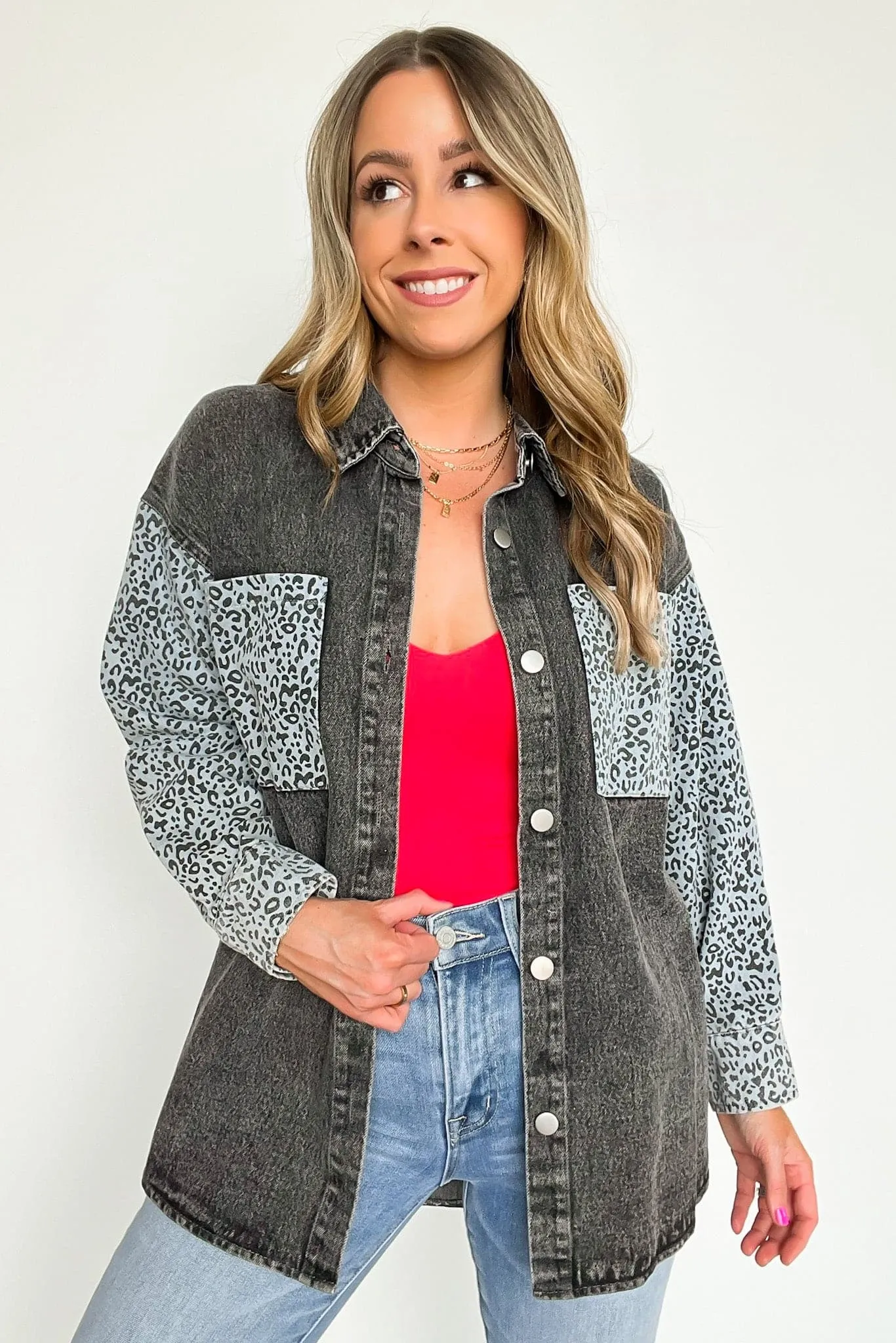 Fierce Flirt Animal Print Contrast Denim Shacket - FINAL SALE