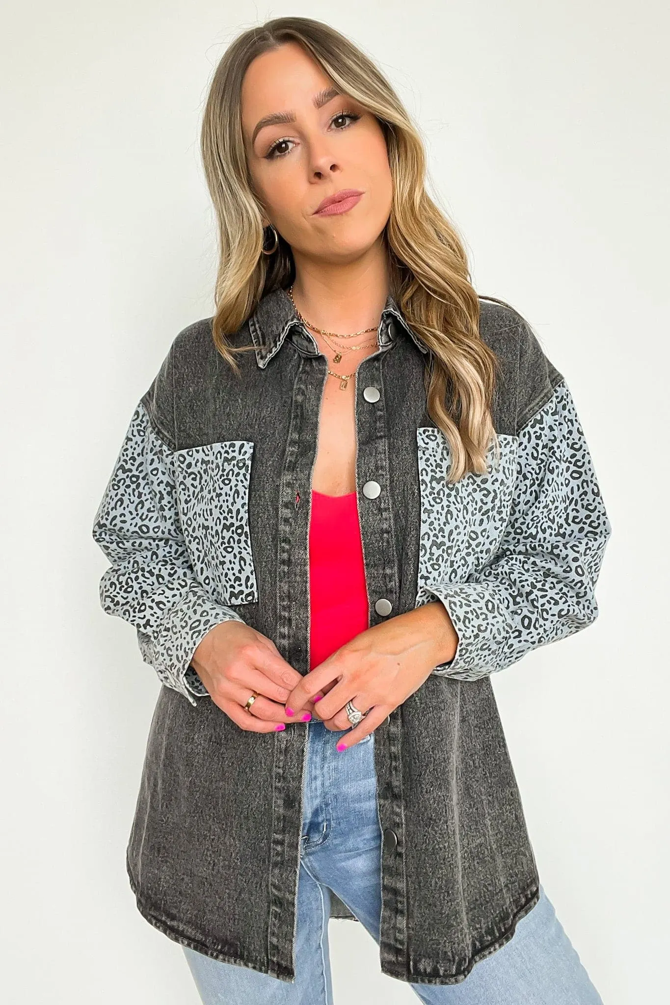 Fierce Flirt Animal Print Contrast Denim Shacket - FINAL SALE