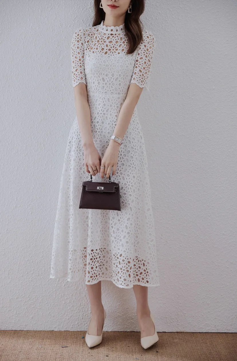 Flash Sale! Lace Embordered Short Sleeve Hollow Out Elegant Midi Dress  Ends Soon!