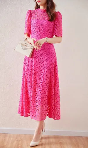 Flash Sale! Lace Embordered Short Sleeve Hollow Out Elegant Midi Dress  Ends Soon!