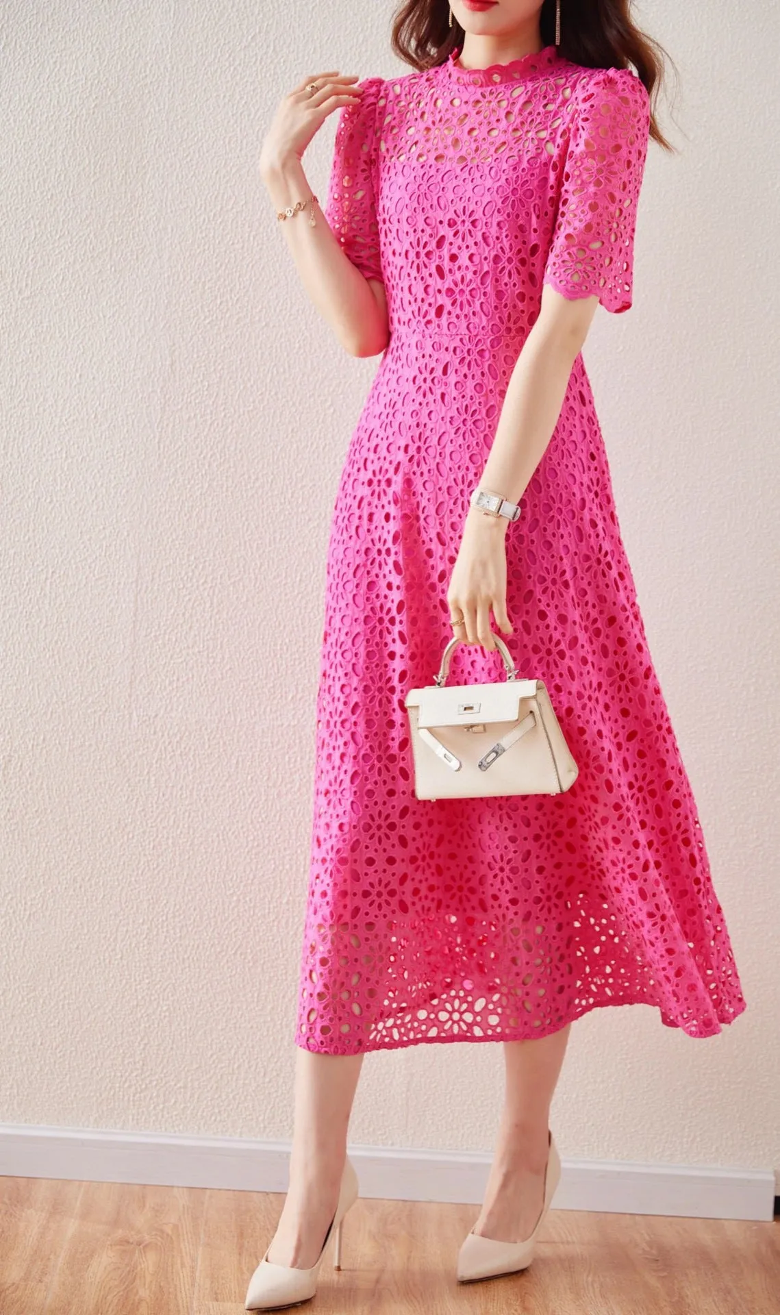 Flash Sale! Lace Embordered Short Sleeve Hollow Out Elegant Midi Dress  Ends Soon!
