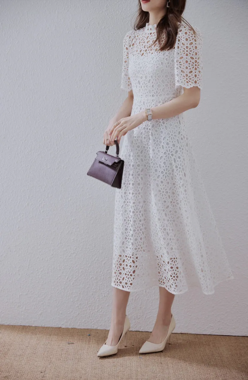 Flash Sale! Lace Embordered Short Sleeve Hollow Out Elegant Midi Dress  Ends Soon!
