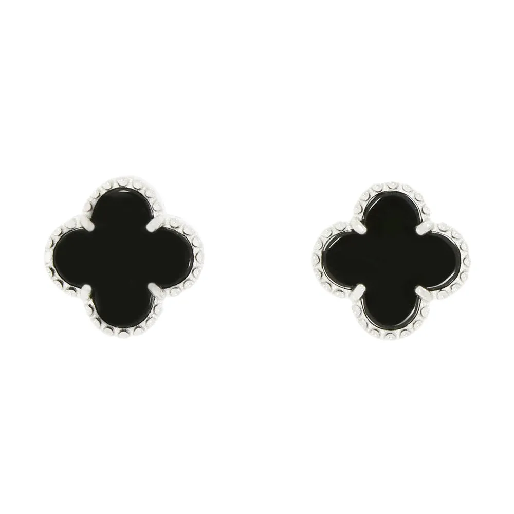 Four Leaf Clover Black Stone Stud Earrings GVL034