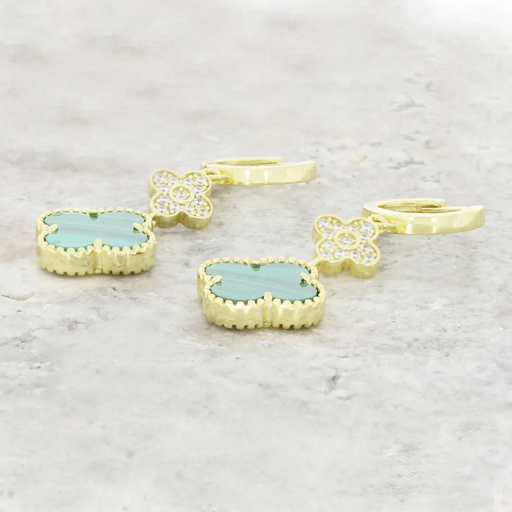 Four Leaf Clover Gold Plated Green Stone Huggie Earrings GVL067