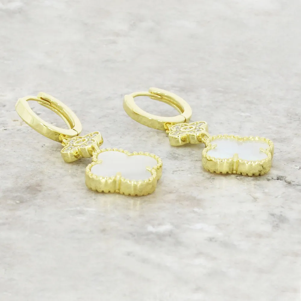 Four Leaf Clover Gold Plated Mother of Pearl Huggie Earrings GVL059