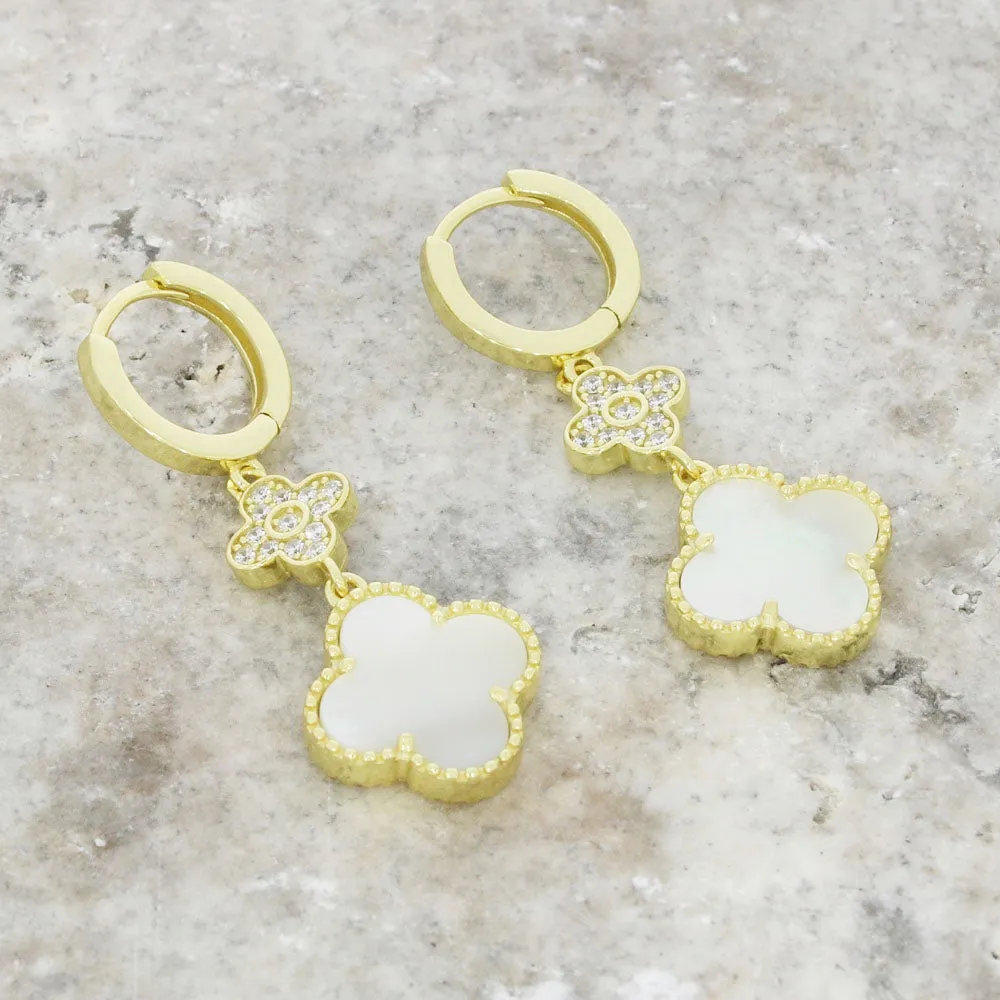 Four Leaf Clover Gold Plated Mother of Pearl Huggie Earrings GVL059