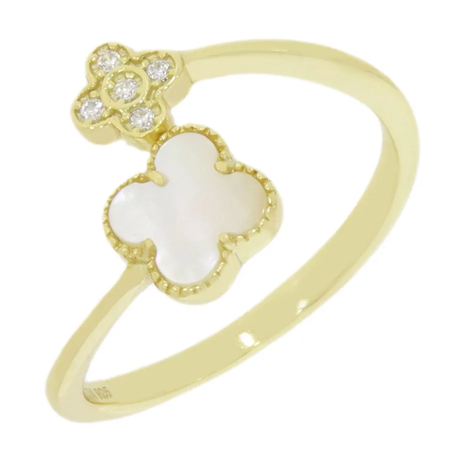 Four Leaf Clover Sterling Silver Ring Gold Tone Mother of Pearl GVL061