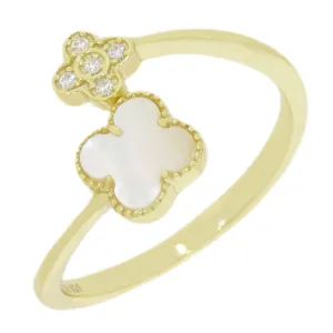 Four Leaf Clover Sterling Silver Ring Gold Tone Mother of Pearl GVL061